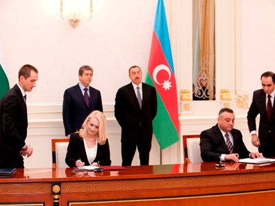 Signing of the Agreement between the Government of the Republic of Bulgaria and the Government of the Republic of Azerbaijan on mutual protection and exchange of  classified information by Mrs. Tsveta Markova – Chairperson of SCIS and lieutenant-general Eldar Ahmad Mahmudov – Minister of National Security and in the presence of Mr. Georgi Parvanov – President of the Republic of Bulgaria and Mr. Ilham Aliyev, 14 November 2011, Baku