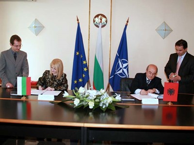 The Chairperson of the State Commission on Information Security Mrs. Tsveta Markova and the Director of the National Security Authority on Information of the Republic of Albania Mr. Shyqyri Dekavelli at the moment of signing the Agreement on mutual protection and exchange of classified information, 27 February 2008, Sofia